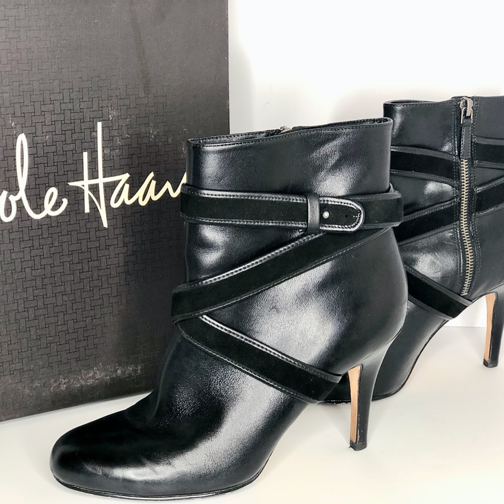 Cole Hahn Black Leather Strap Ankle Boot HI Heel
